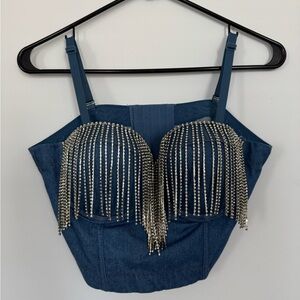 Rhinestone Fringe and Denim Bustier Top, Size Large